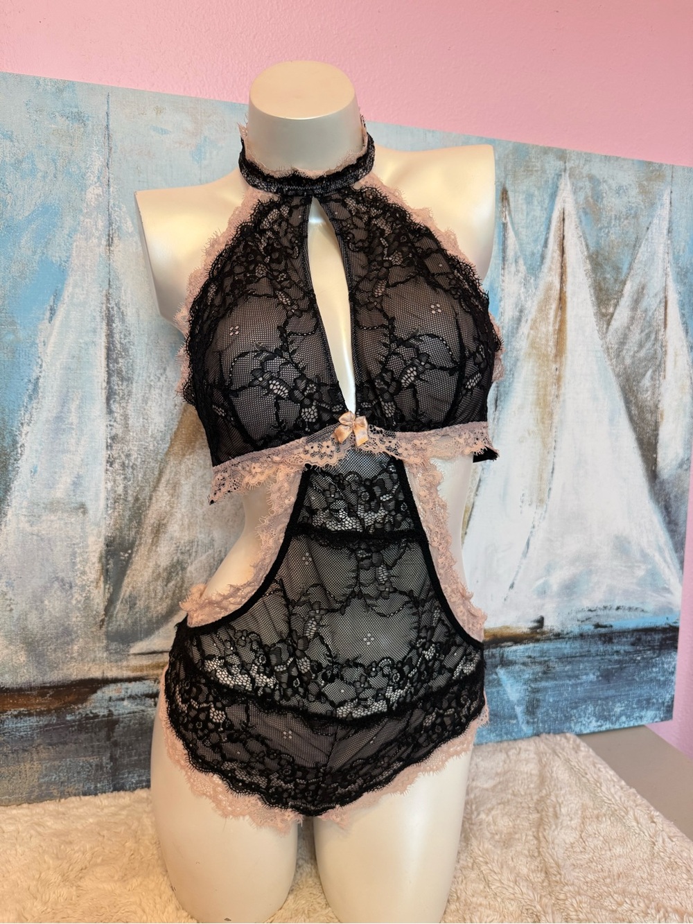 Adore Me Brescia Unlined Black Lace Cutout Teddy with Pink Trim